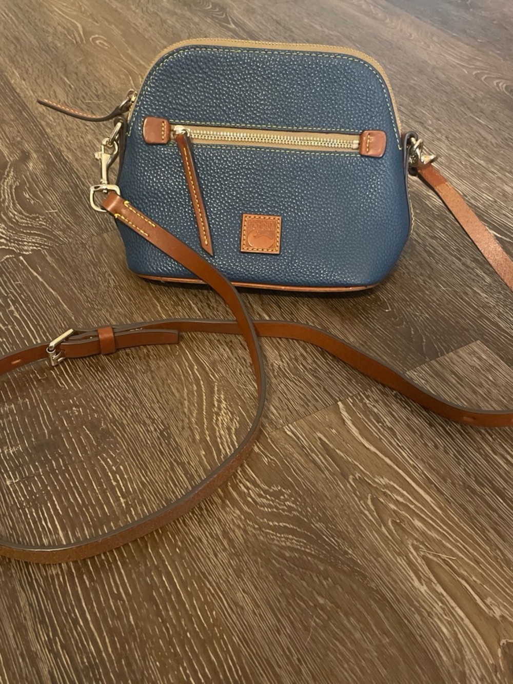 Dooney & Bourke Blue Pebbled Leather Crossbody with Brown Trim